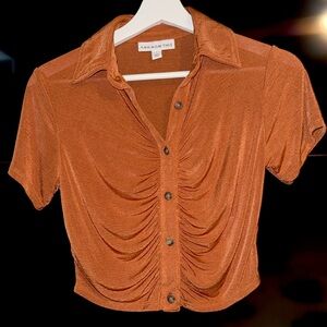 Polly Ruched-Front Polo Shirt Cocoa Brown Collared Ribbed